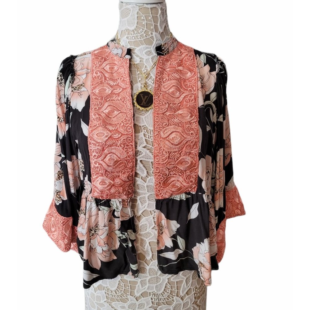 JAASE Anthro Kimono-style Floral Open Front Cardigan Shrug Blazer Jacket Size L